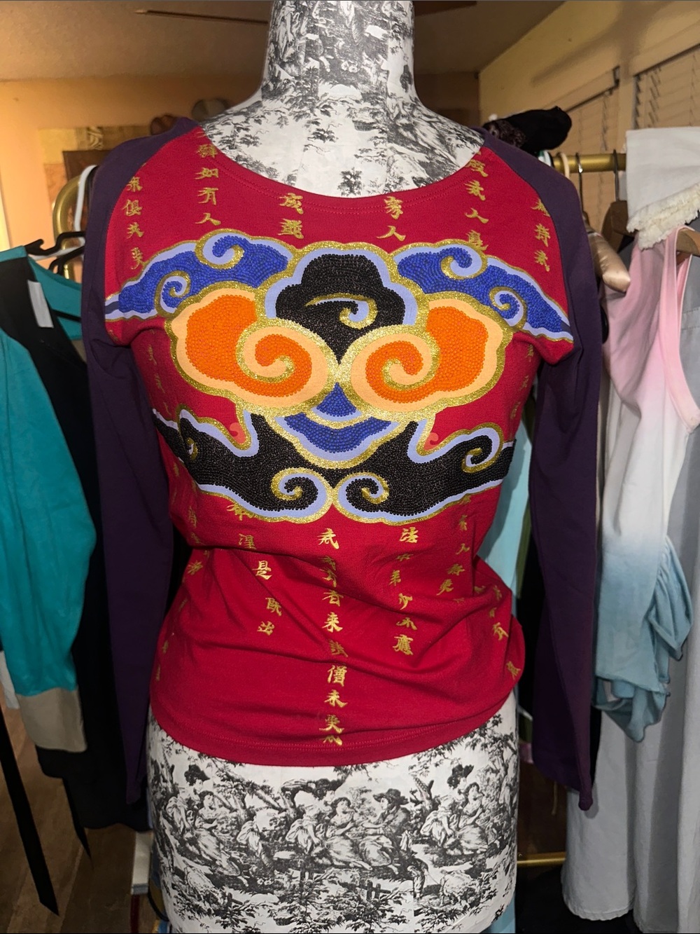 Shanghai Tang Red Long-Sleeve Top with Purple Sleeves and Multicolor NWT